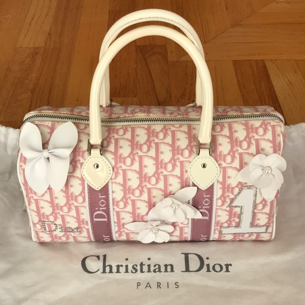 Christian Dior Pink Logo Canvas Girly Flowers Bag